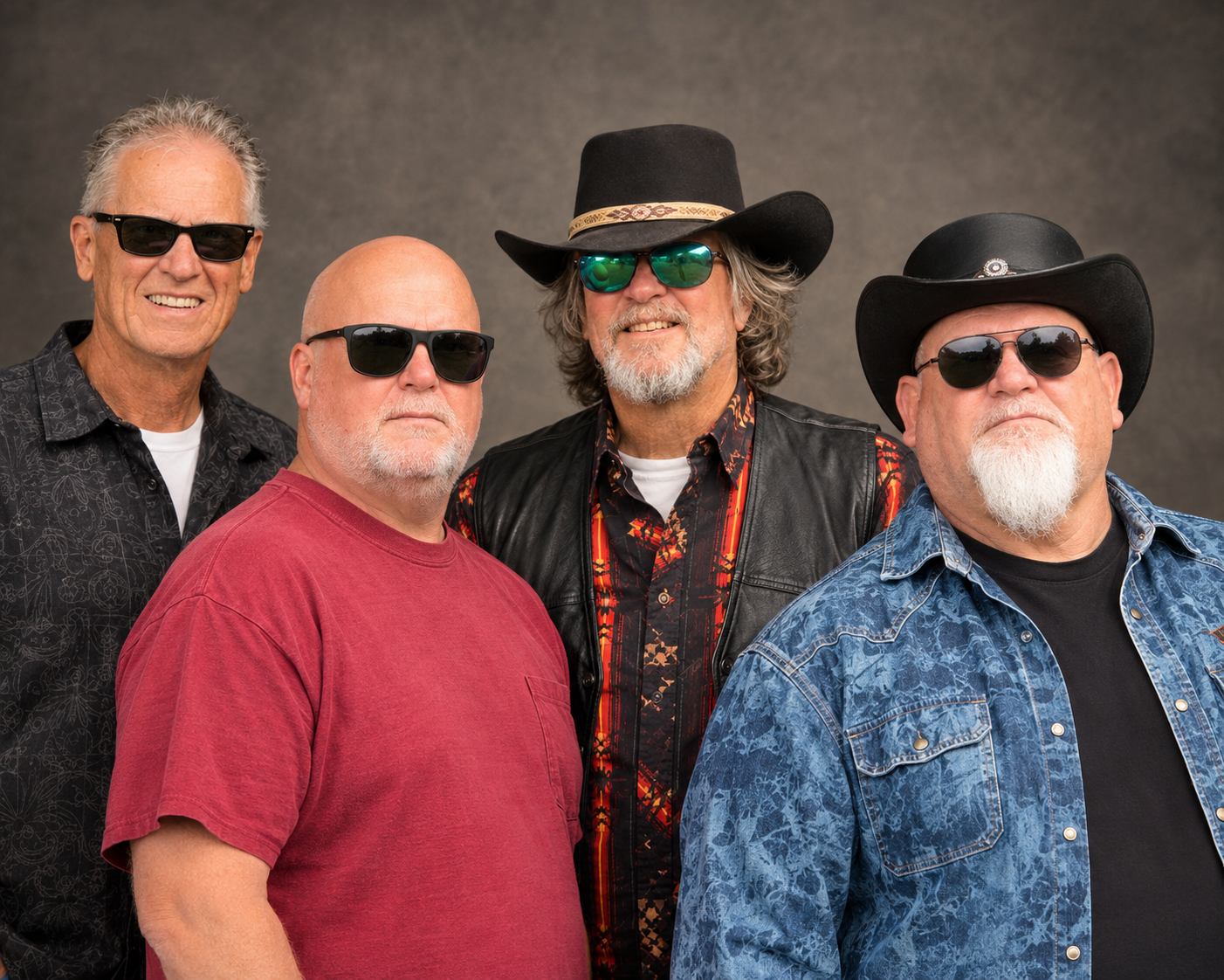 Coyote Creek band photo — all four members in sunglasses and cowboy hats